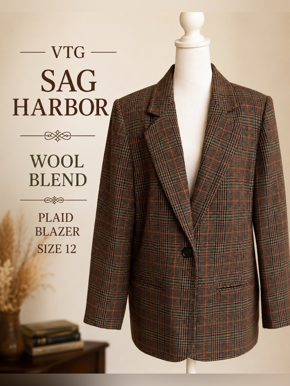 Sag Harbor Wool Blend Plaid Blazer Womens 12 Brown Preppy Academia
